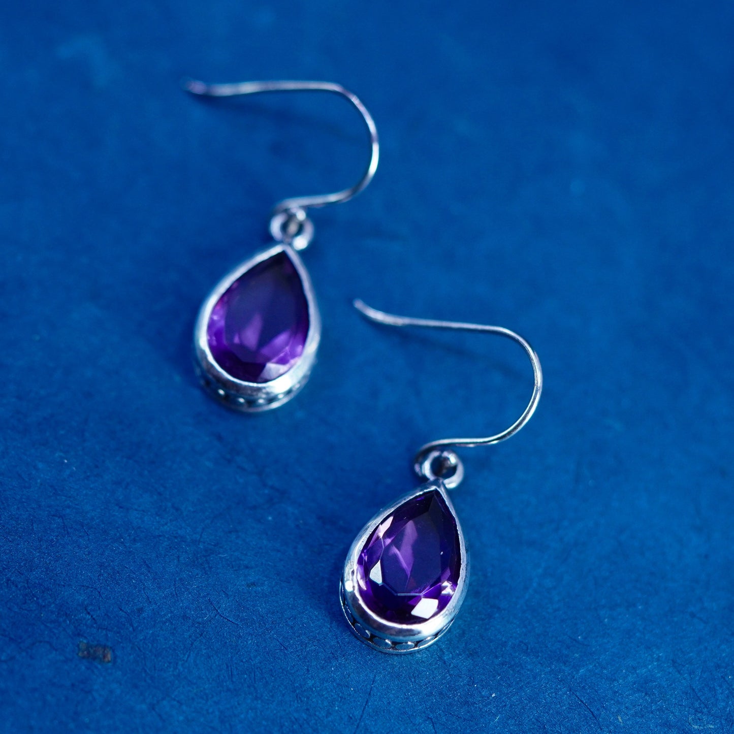 Vintage sterling 925 silver handmade teardrop earrings with amethyst