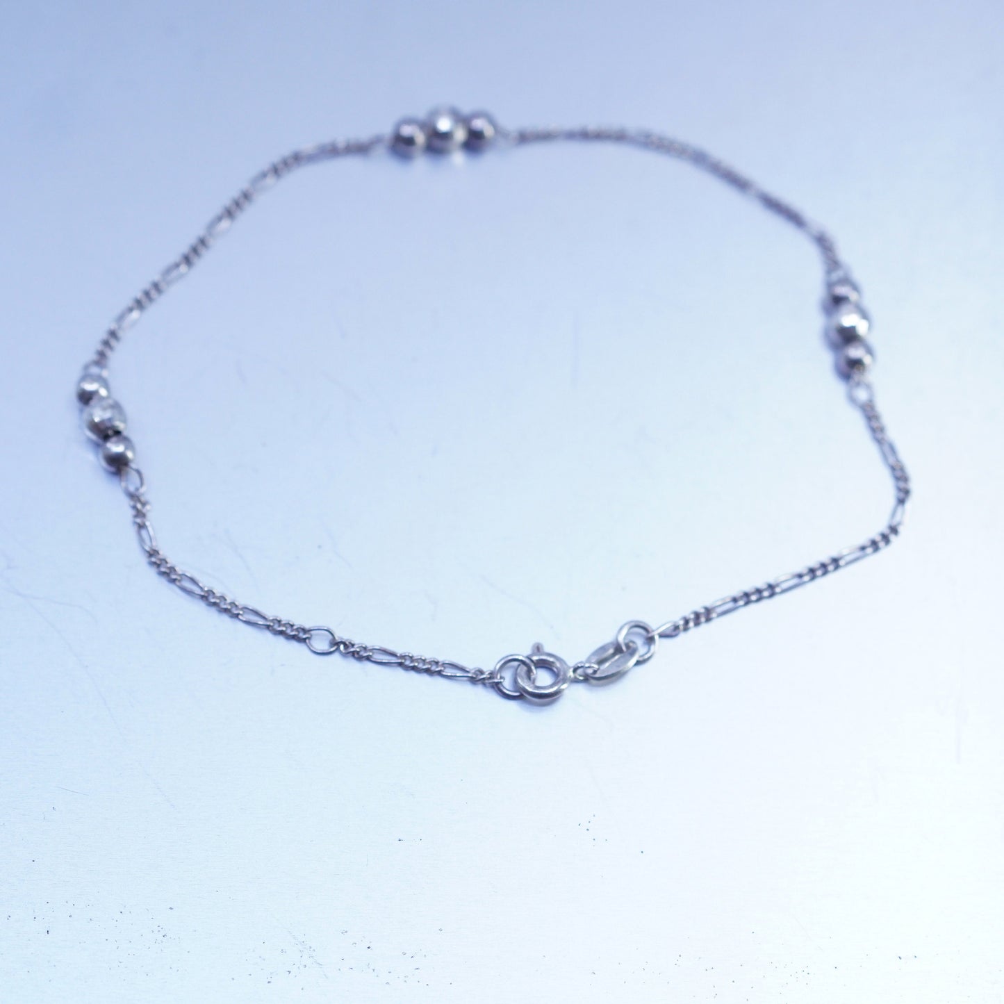 9.75”, vintage Sterling 925 silver figaro bracelet anklet with beads