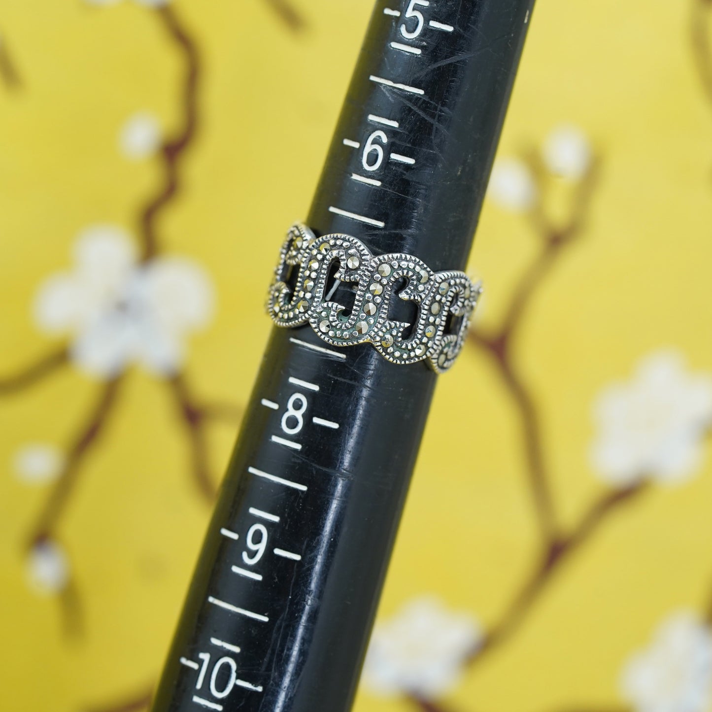 Size 6.75, Sterling silver handmade ring, southwestern, 925 S band marcasite