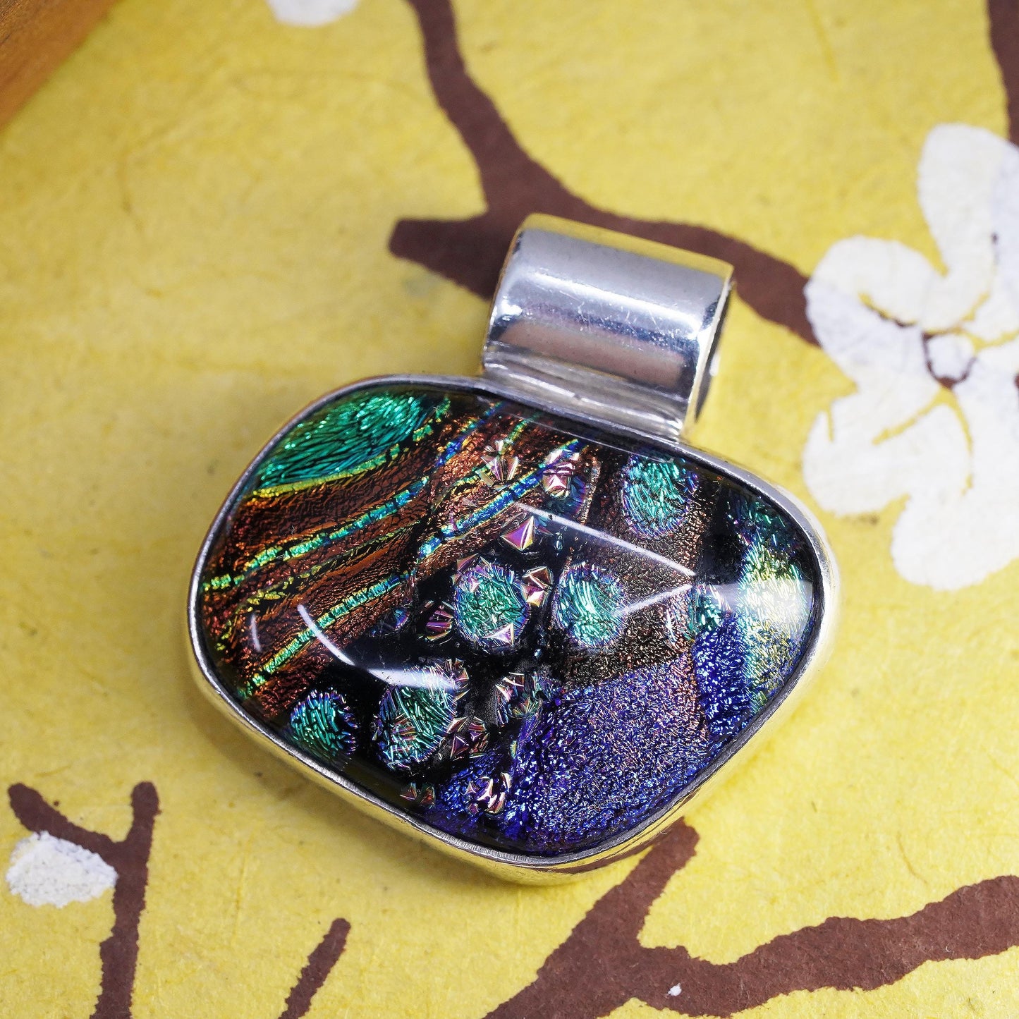 Dichroic Art Glass Sterling Silver 925 Pendant Rainbow Iridescent Fused Jewelry