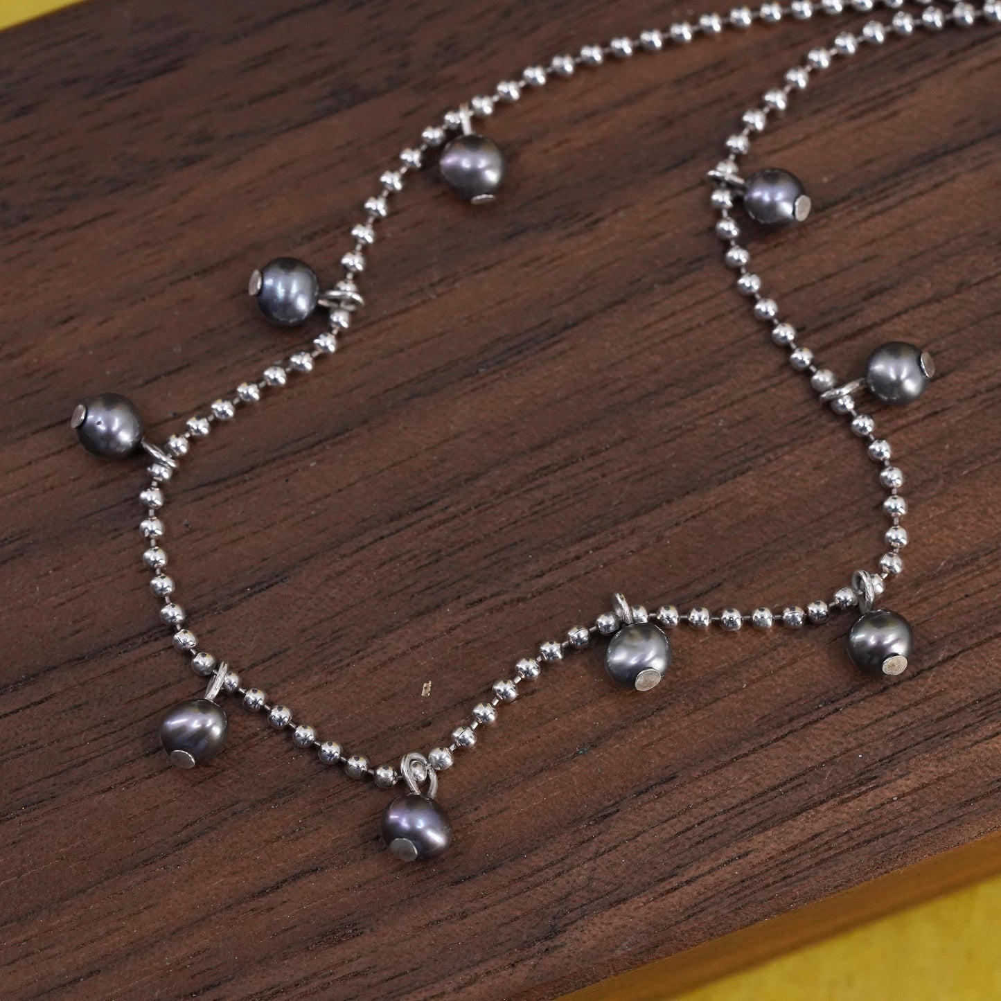 16", Italian Sterling 925 silver bead chain necklace with black pearls beads