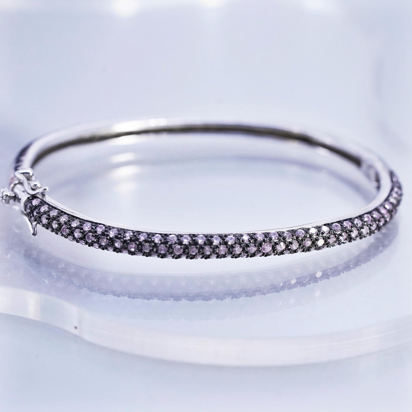 6.75", Vintage Sterling 925 silver bracelet, hinged bangle with cluster pink cz