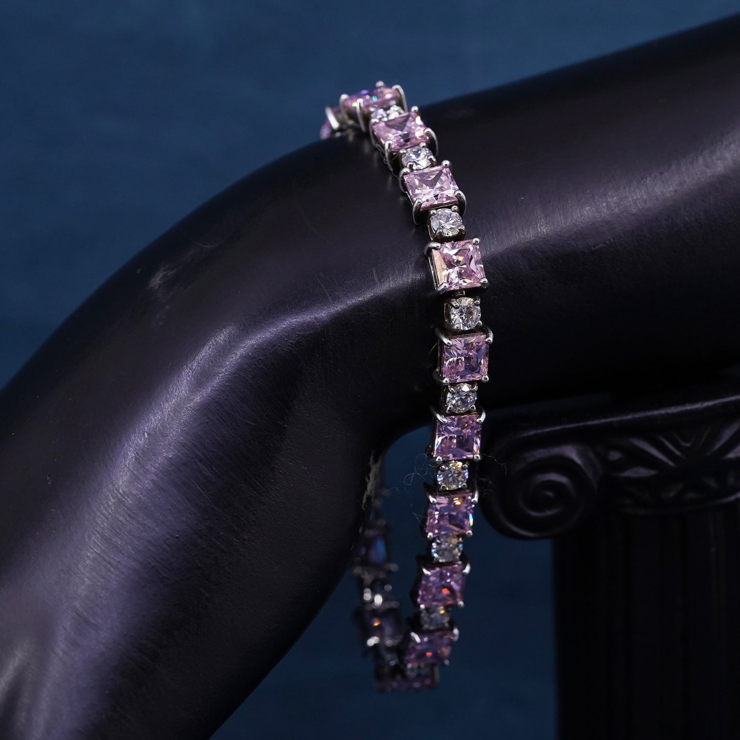 7.25”, vintage Sterling silver tennis bracelet, solid 925 silver pink crystal