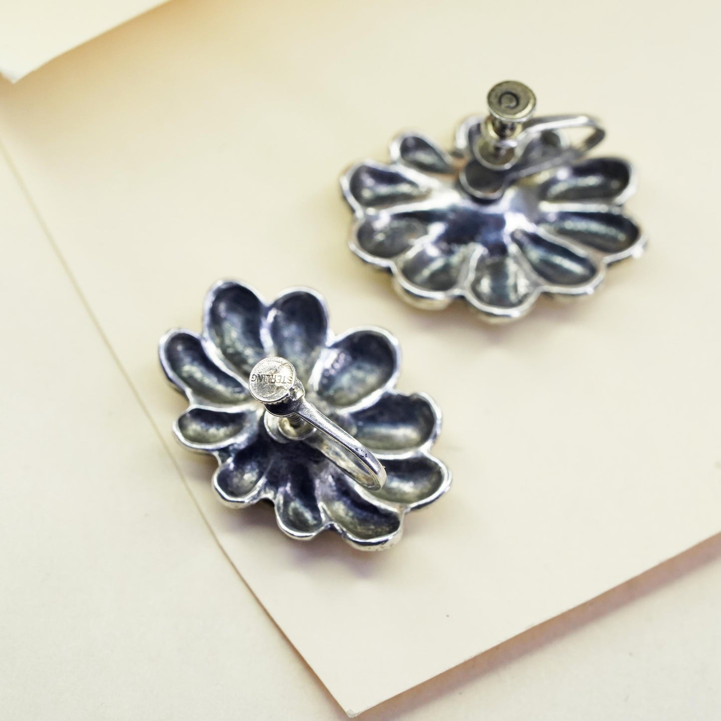 Vintage Sterling silver handmade earrings, 925 screw back flower earrings
