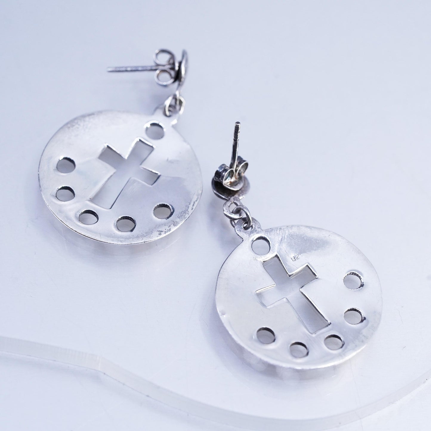 Vintage Sterling 925 silver handmade cross cut out disc earrings