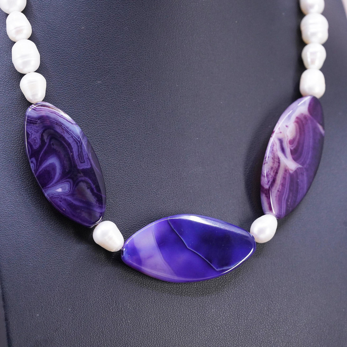 18+2", vintage Sterling 925 silver necklace 9mm freshwater pearls purple agate
