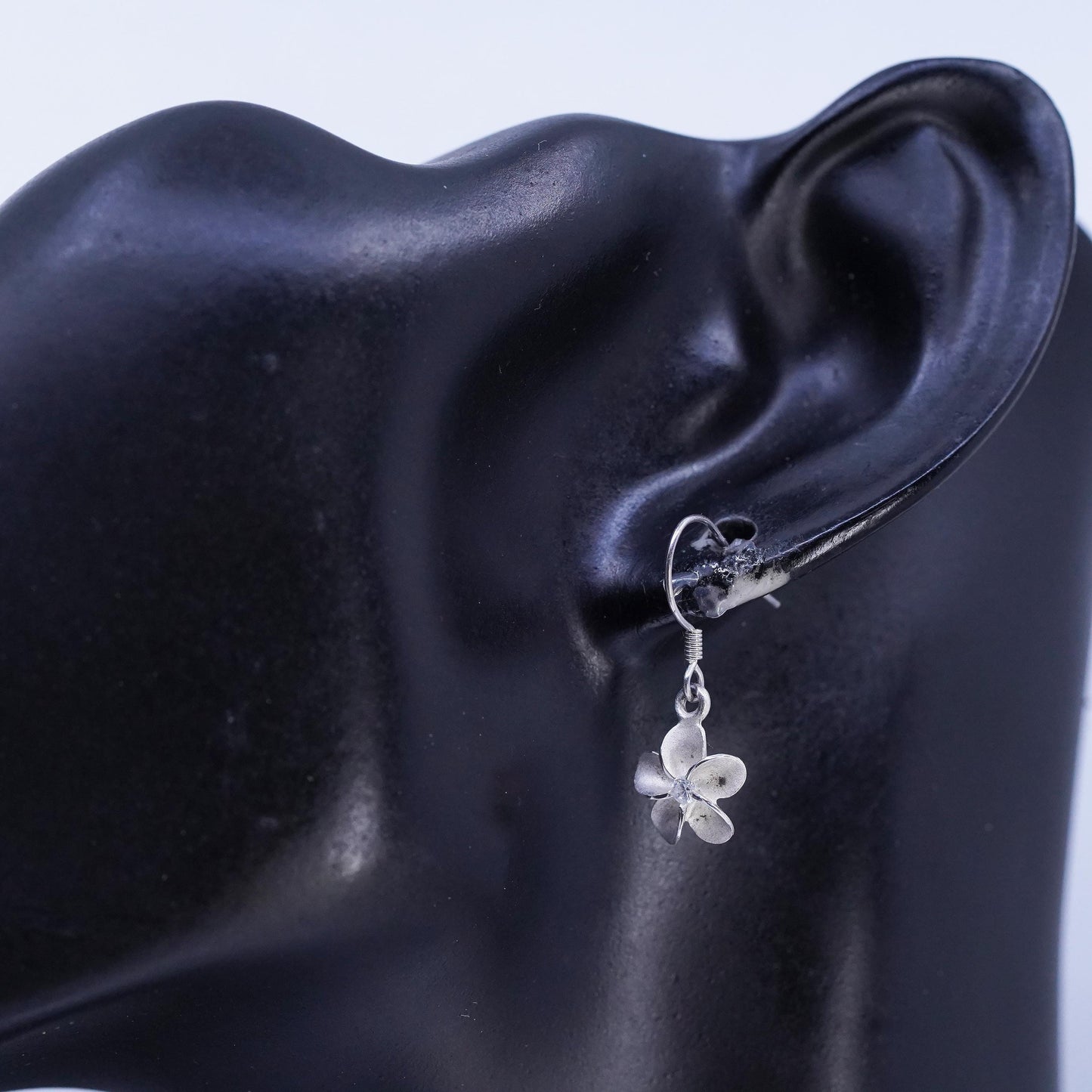 Vintage Sterling 925 silver handmade earrings, plumeria flower dangles with cz
