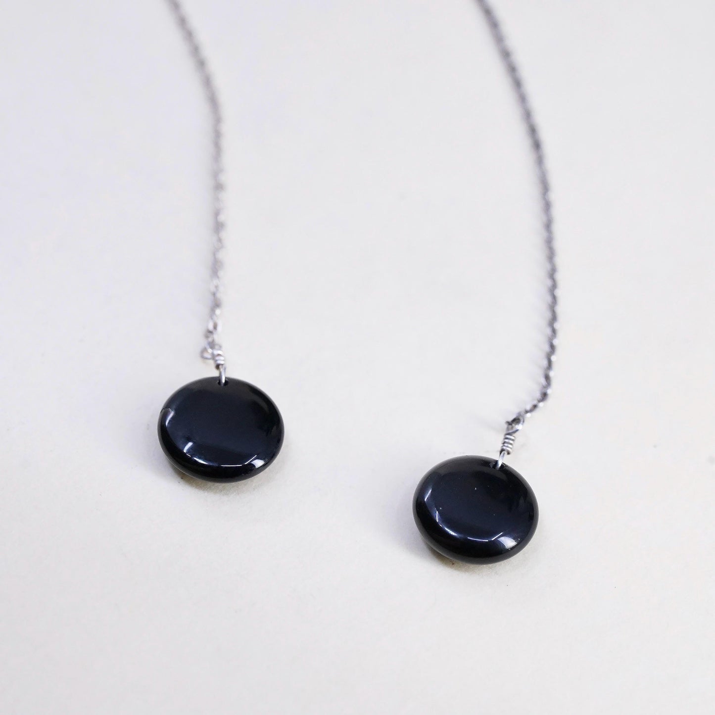 VTG Sterling silver handmade earrings, long 925 circle chain black onyx drops