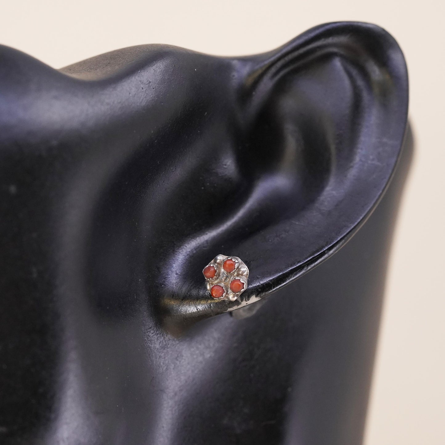 Native American Navajo handmade single earring. Sterling 925 silver stud coral
