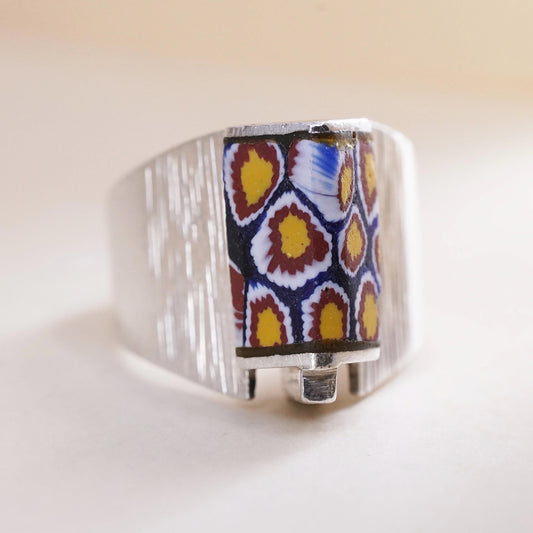 Size 6.5, vintage sterling 925 silver handmade ring w/ murano floral glass