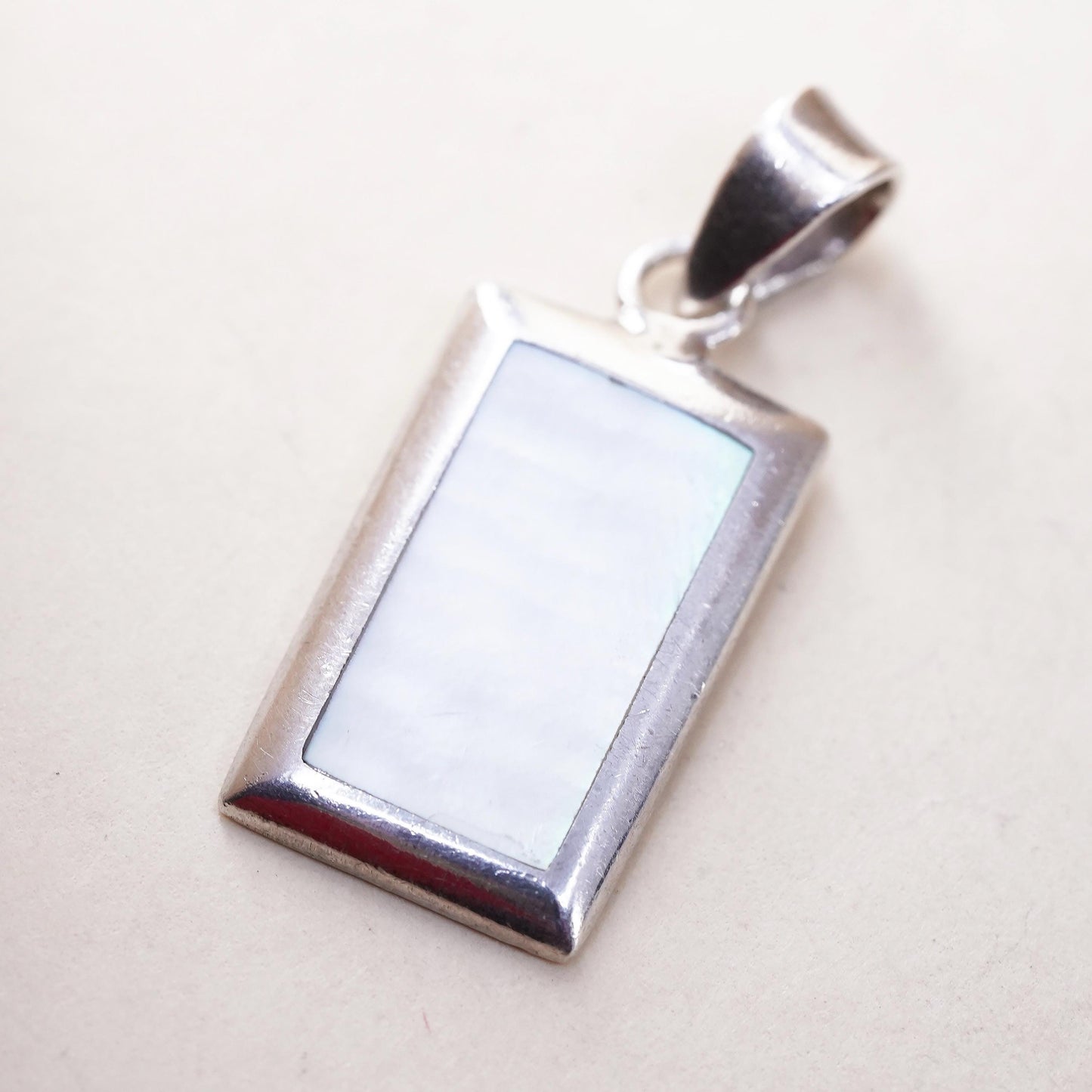 Vintage sterling silver pendant, 925 rectangular pendant mother of pearl inlay