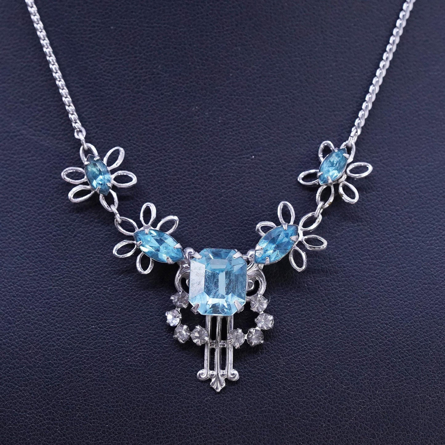 16", vintage white gold GF necklace with blue Rhinestone