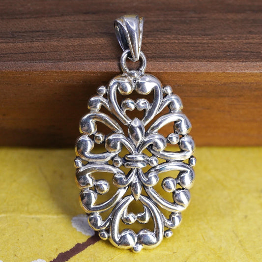 Sterling Silver 925 Filigree Ornate Fleur de Lis Scrollwork Pendant, Openwork