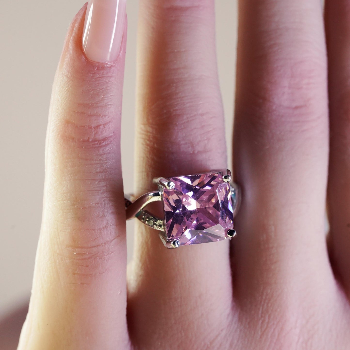 Size 8.25, Vintage Sterling 925 silver ring with square pink Quartz clear cz