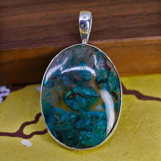 Southwestern Sterling 925 silver handmade oval pendant with moss agate