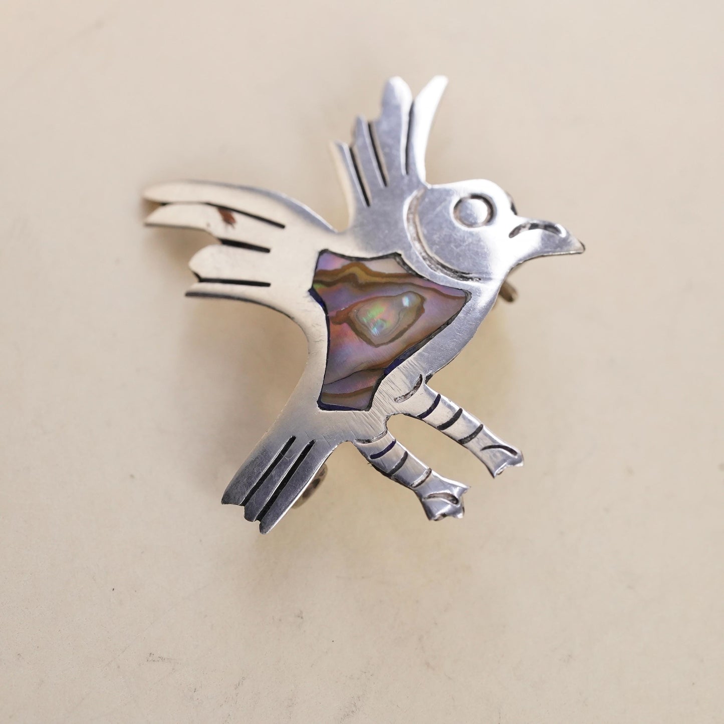 Taxco Sterling Silver Abalone Bird Brooch, Mexican Dove Pin Inlay Shell Jewelry