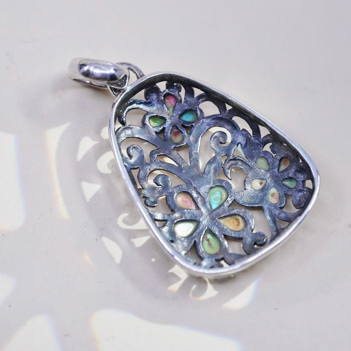 southwestern sterling silver 925 filigree flower pendant turquoise MOP