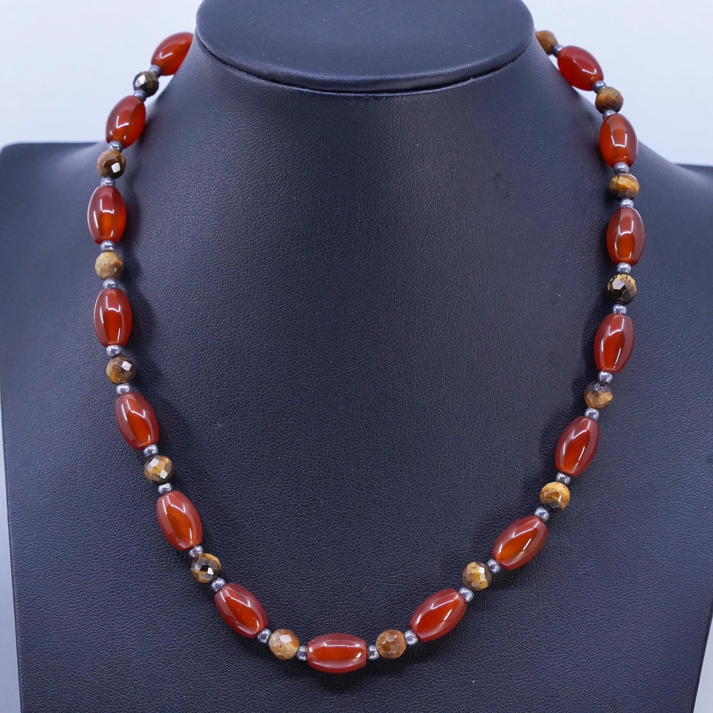 16+2", vintage Sterling 925 silver necklace w/ carnelian golden tiger eye beads