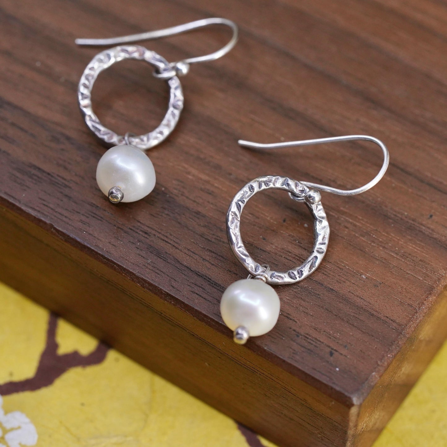 Vintage Sterling silver handmade earrings, 925 circle with pearl drops