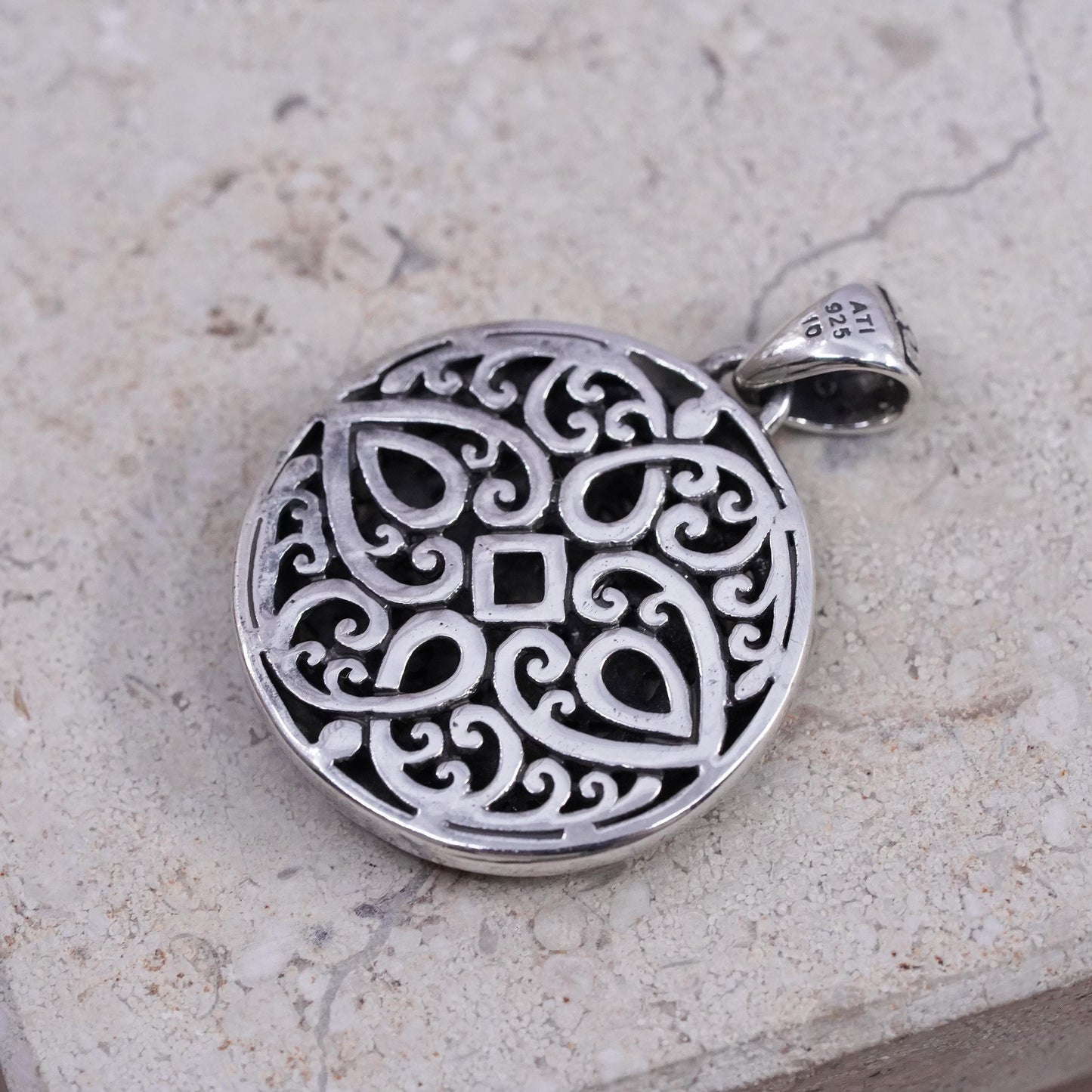 Vintage Sterling silver handmade pendant, 925 filigree circle charm