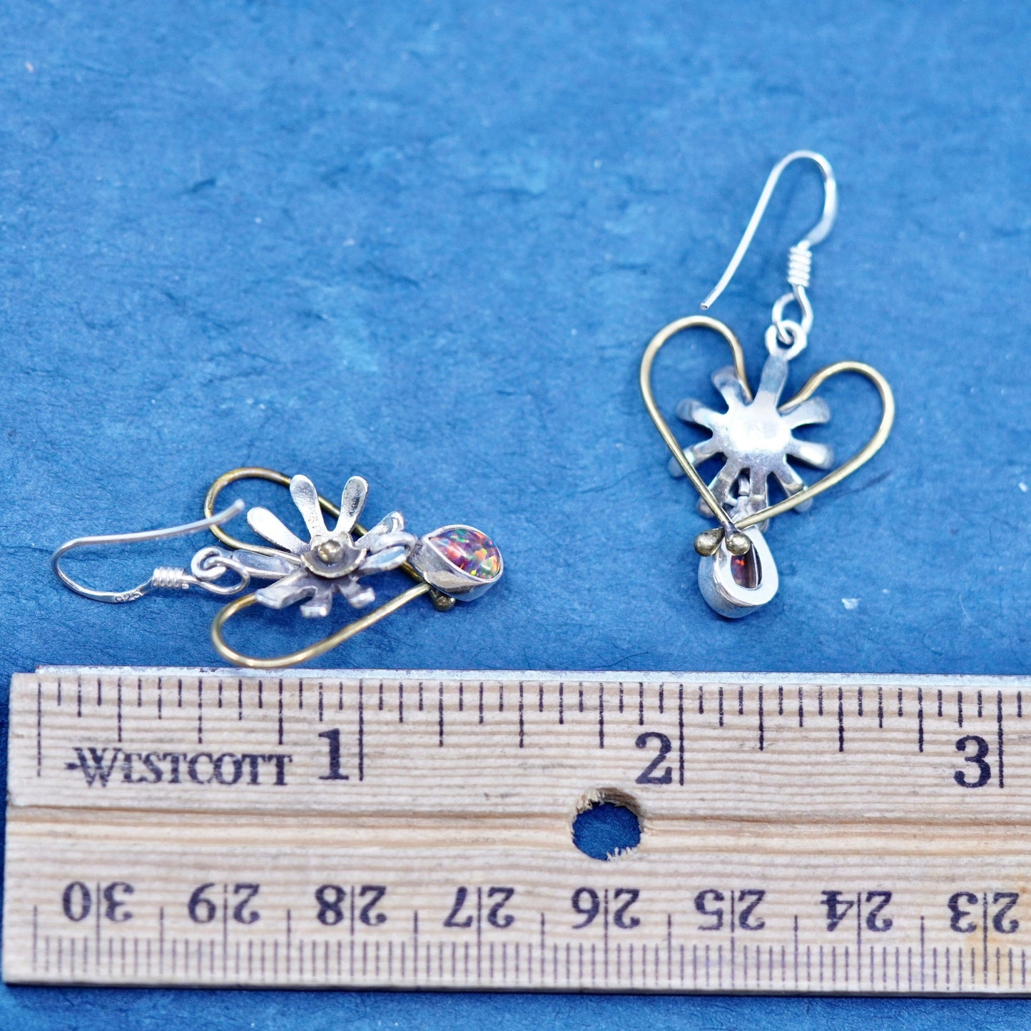 sterling 925 silver flower with brass heart earrings teardrop fire opal dangles