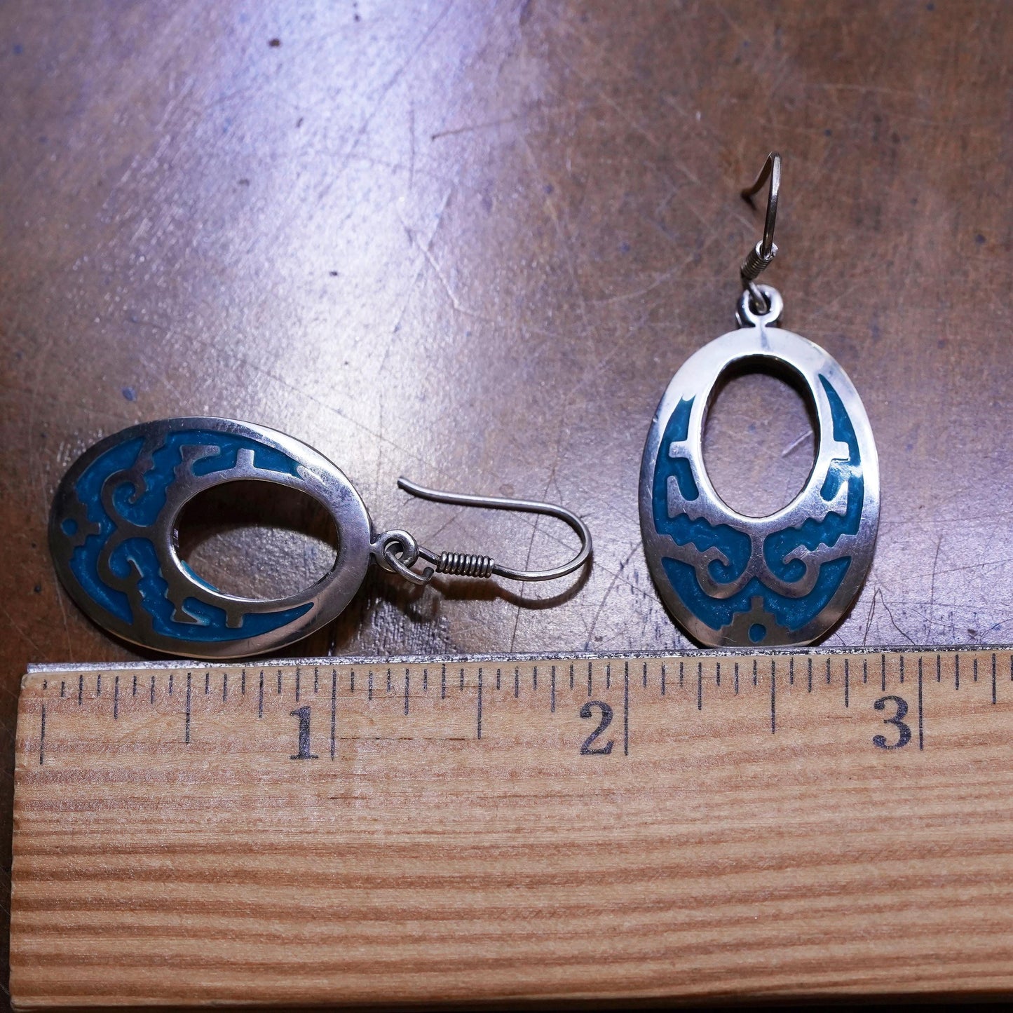 Vintage Mexican sterling 925 silver handmade oval earrings with turquoise inlay