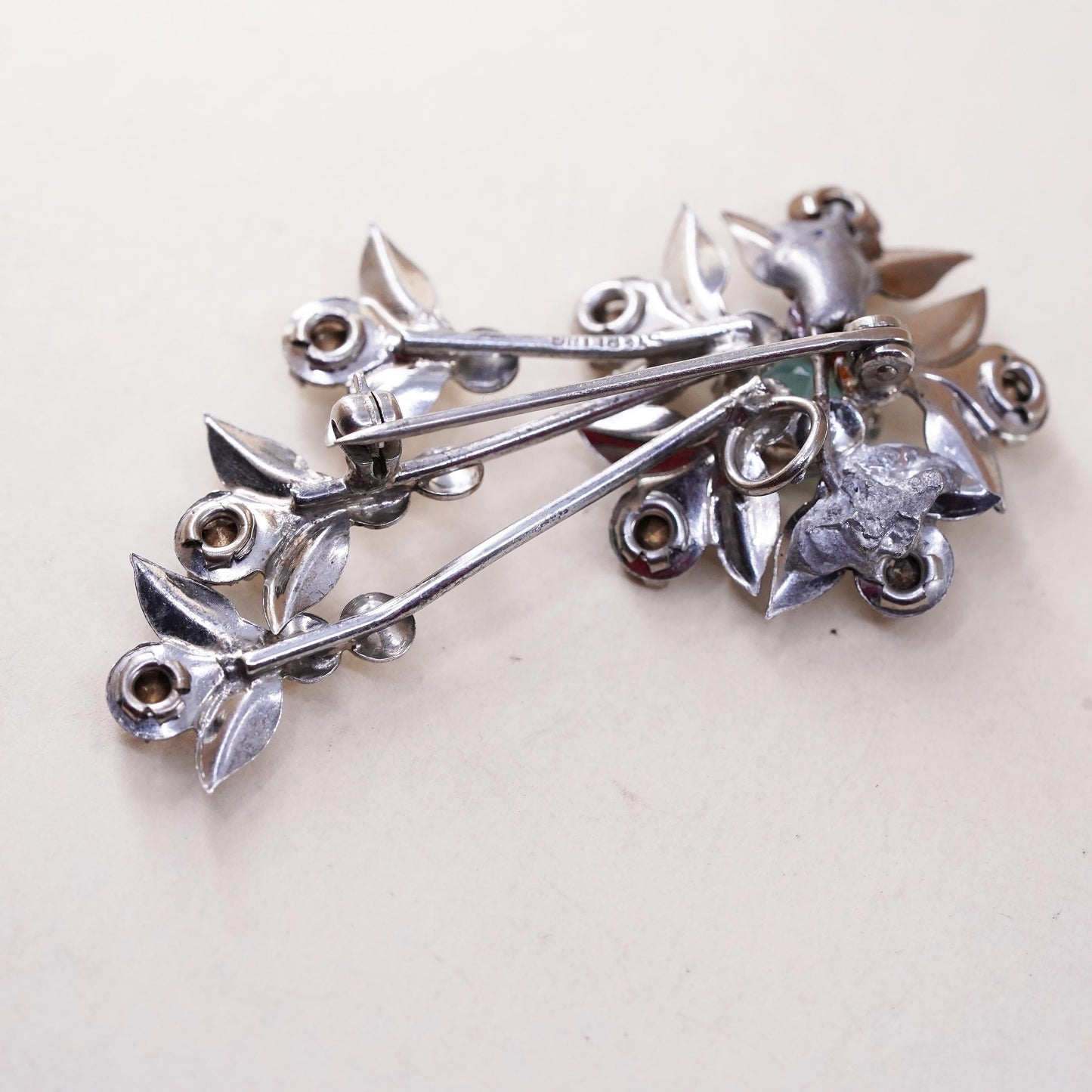 Vermeil gold plated sterling silver brooch, 925 flower blue rhinestone crystal