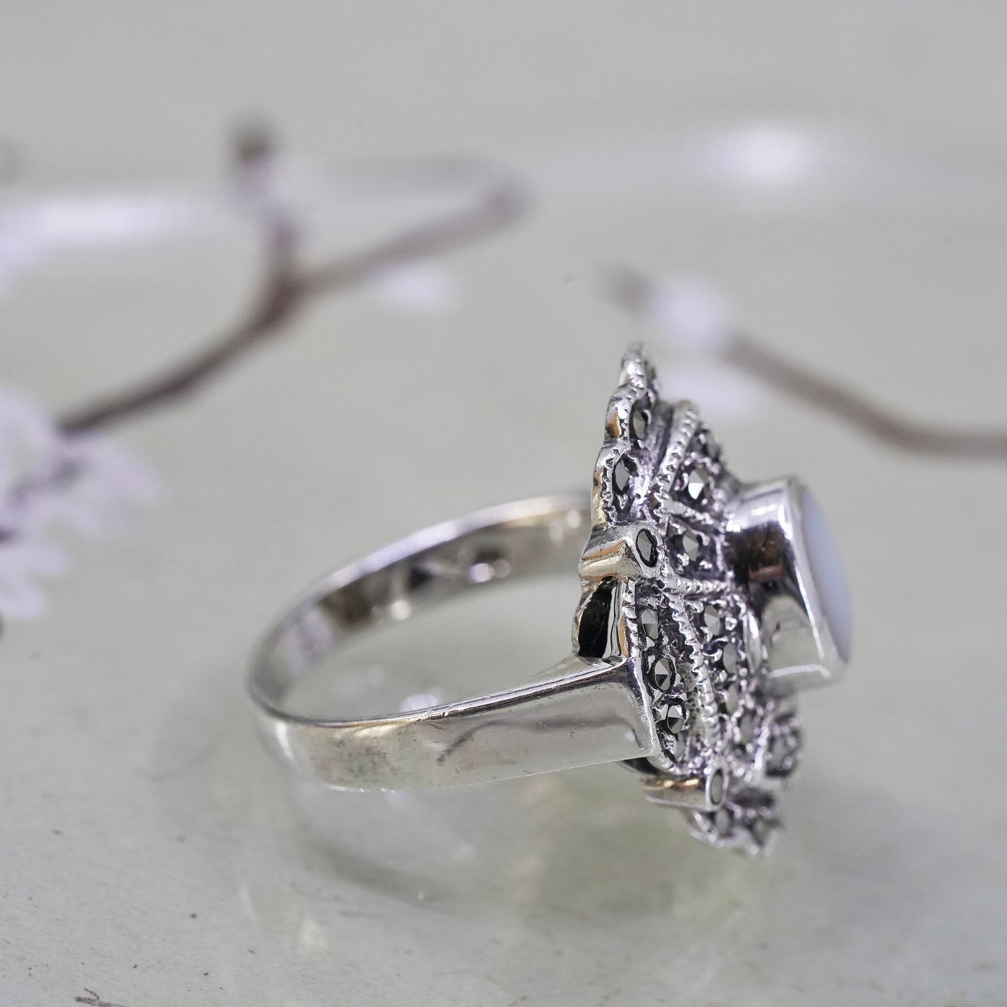 Size 8.25, sterling silver Southwestern 925 ring mother of pearl and marcasite