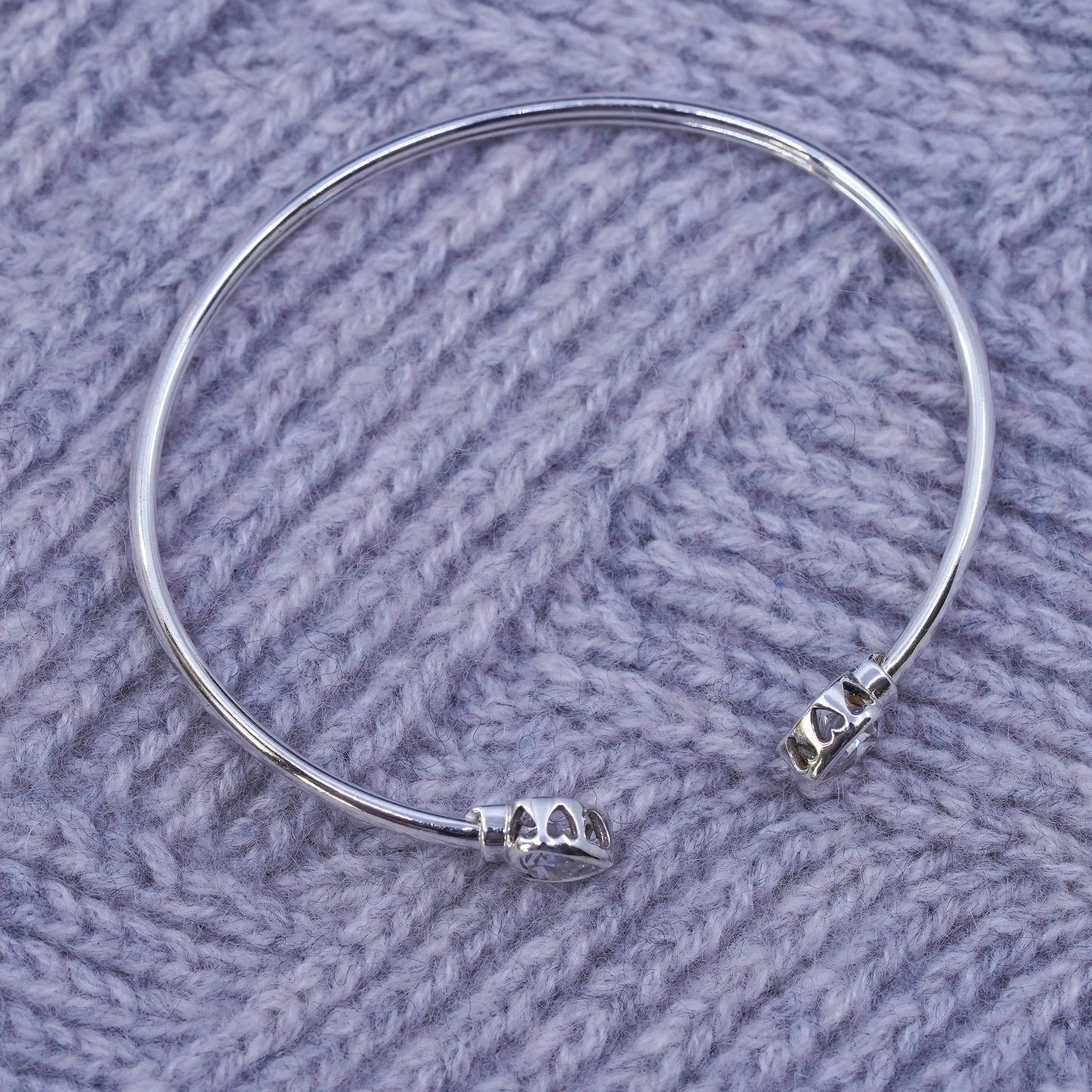 6.75”, vintage Sterling 925 silver stackable cuff bracelet with heart cz ends