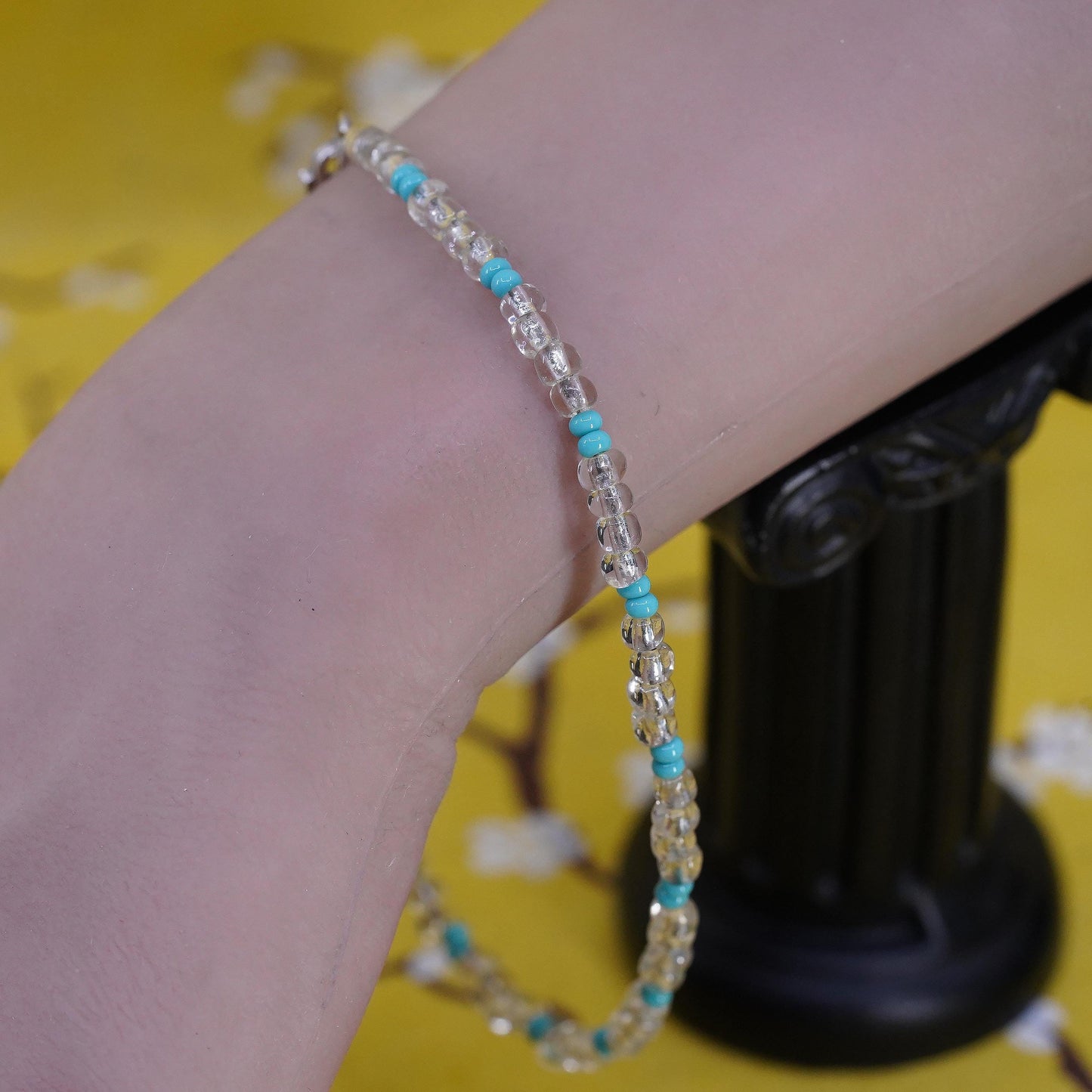 10.5", vintage Sterling silver anklet, 925 bracelet w/ turquoise crystal beads