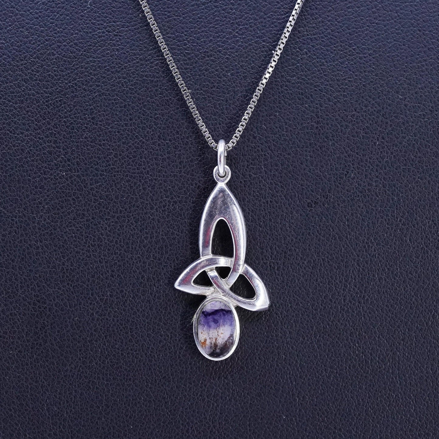18", Sterling 925 silver box necklace Irish Celtic knot landscape agate pendant