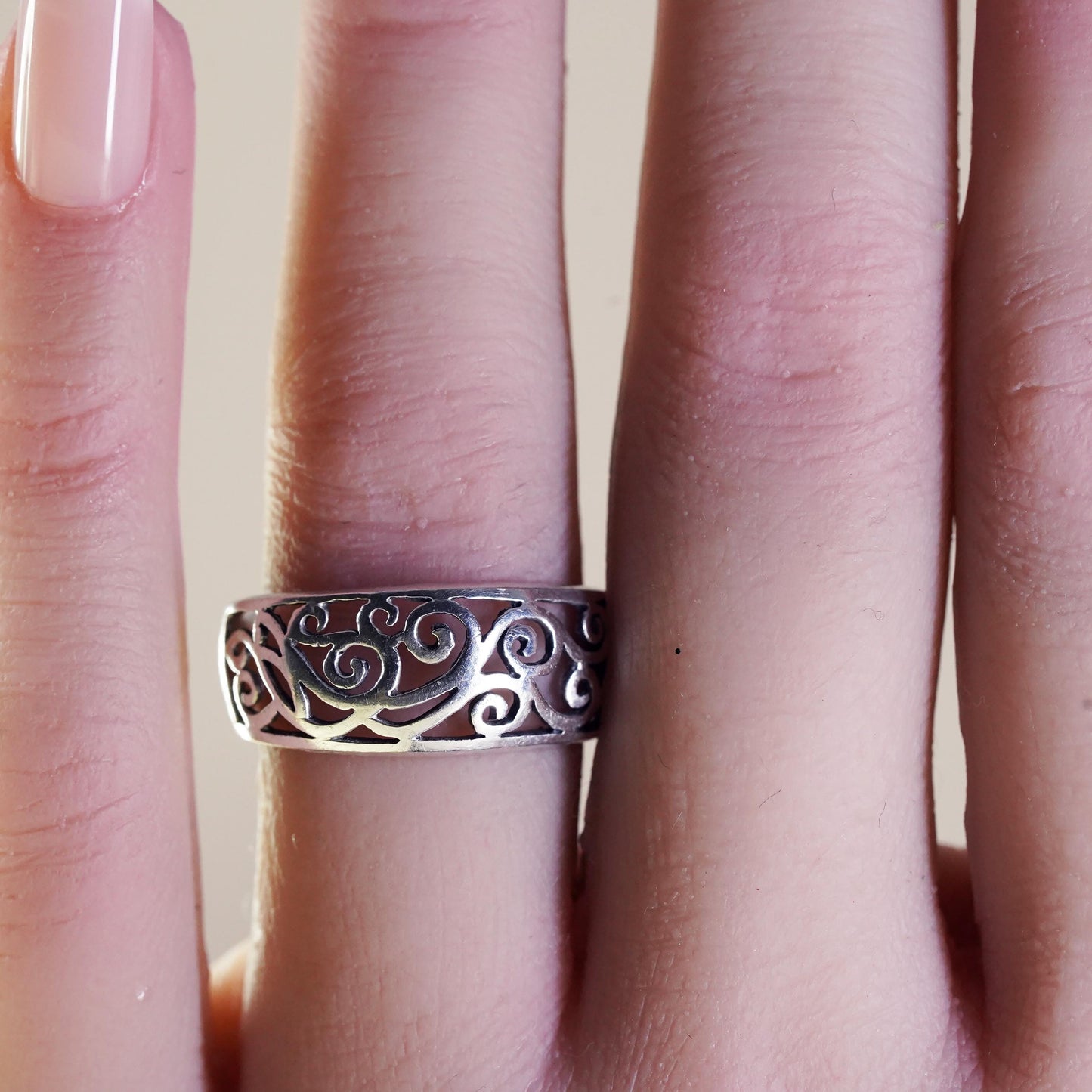 Size 6.5, VTG sterling silver handmade spiral filigree ring, 925 stackable band