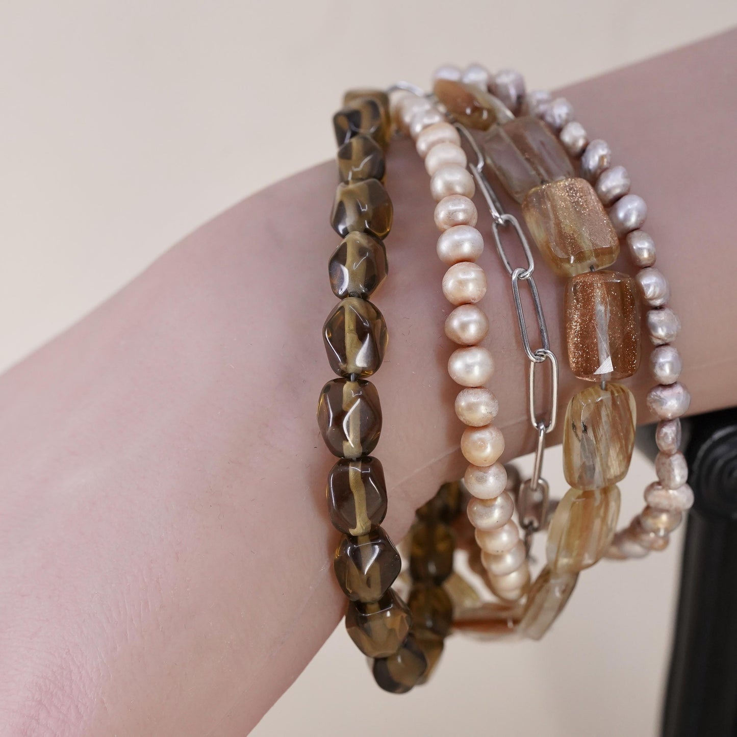 7”, B1412 Silpada sterling silver 925 pearls smokey quartz 5 strands bracelet