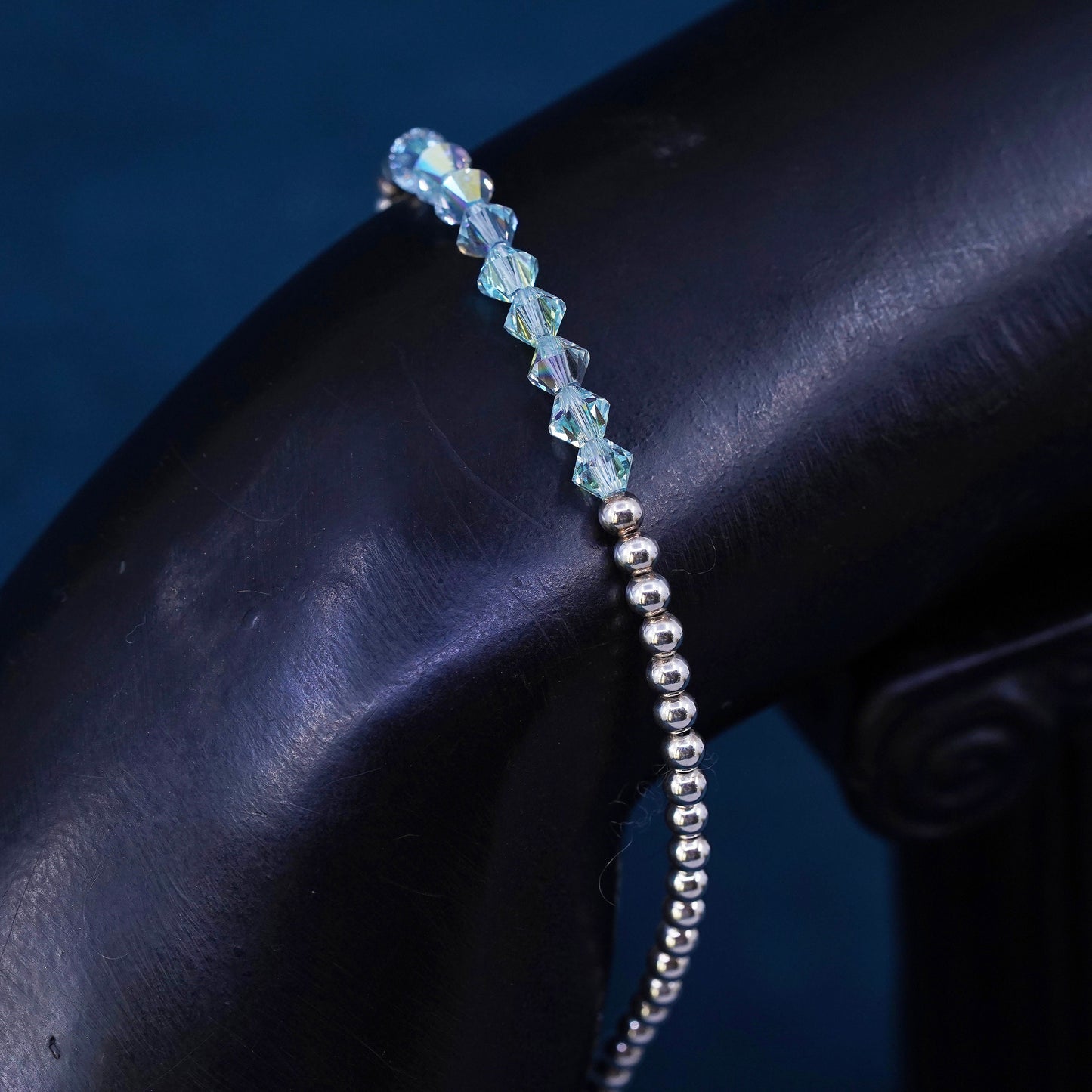 7.25”, vintage sterling 925 silver handmade beads bracelet with blue crystal