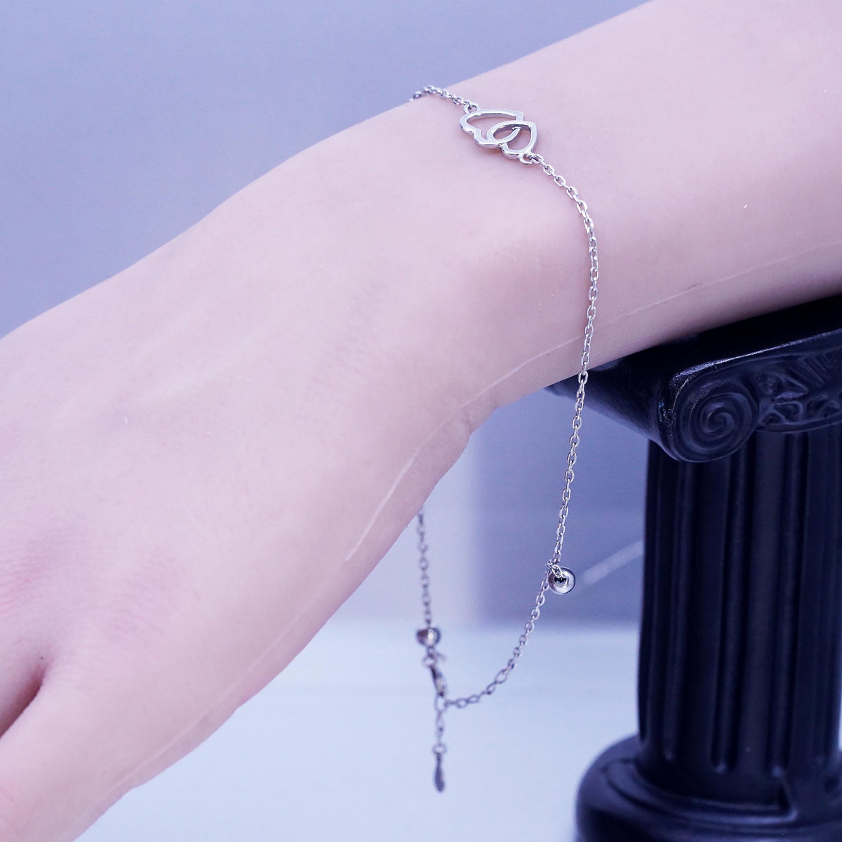 8.5+1", Sterling Silver Bracelet, 925 oval Chain Anklet double heart Charm