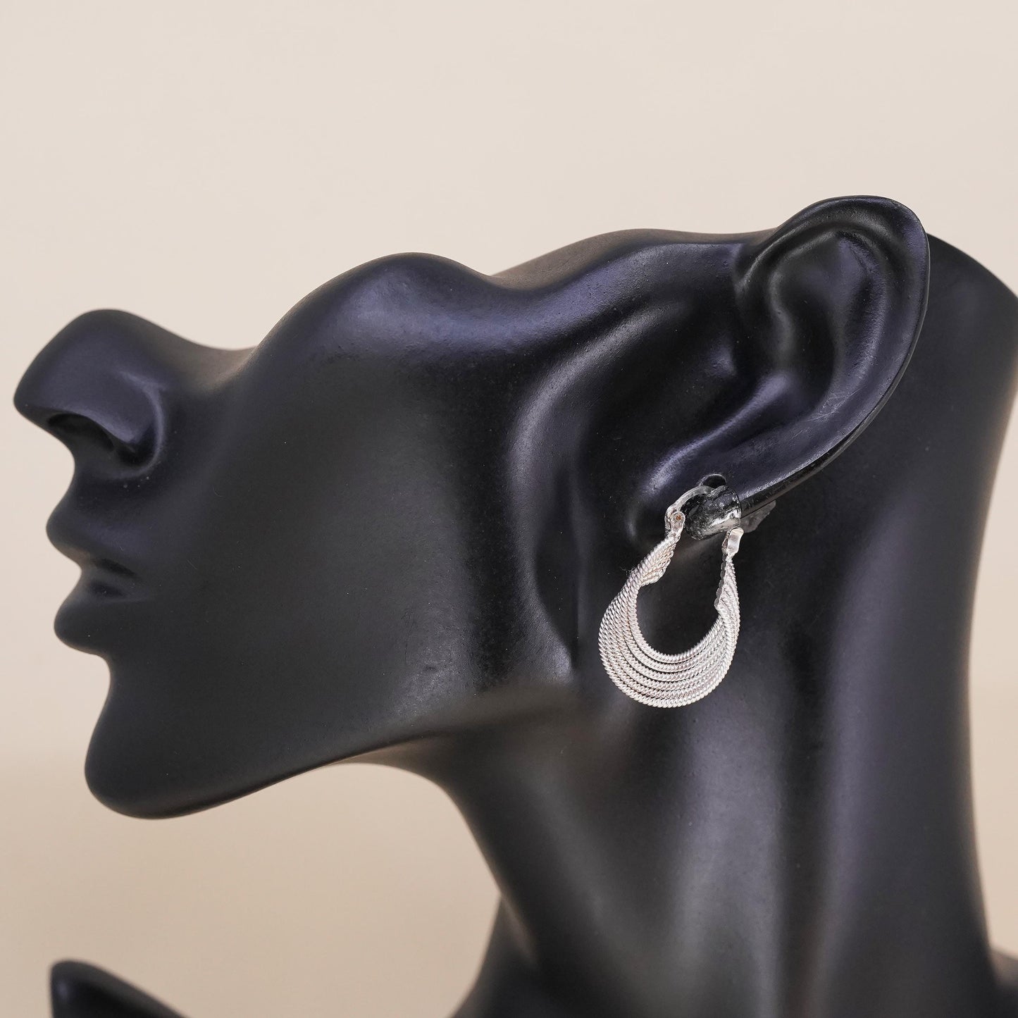 1", Vintage sterling silver loop single earring, ribbed primitive twisted hoop