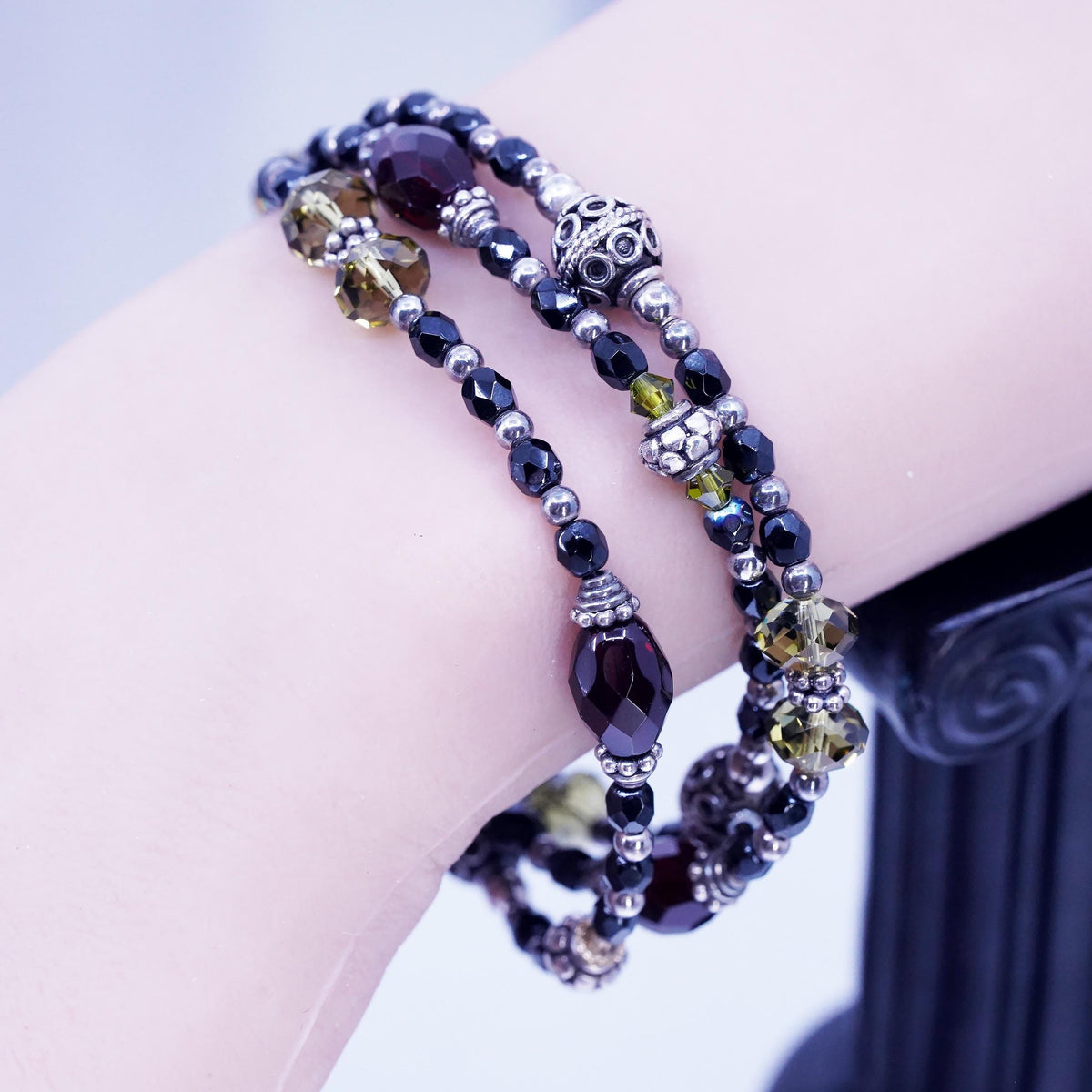6.5”, VTG Sterling 925 silver multi strands bracelet citrine garnet onyx beads