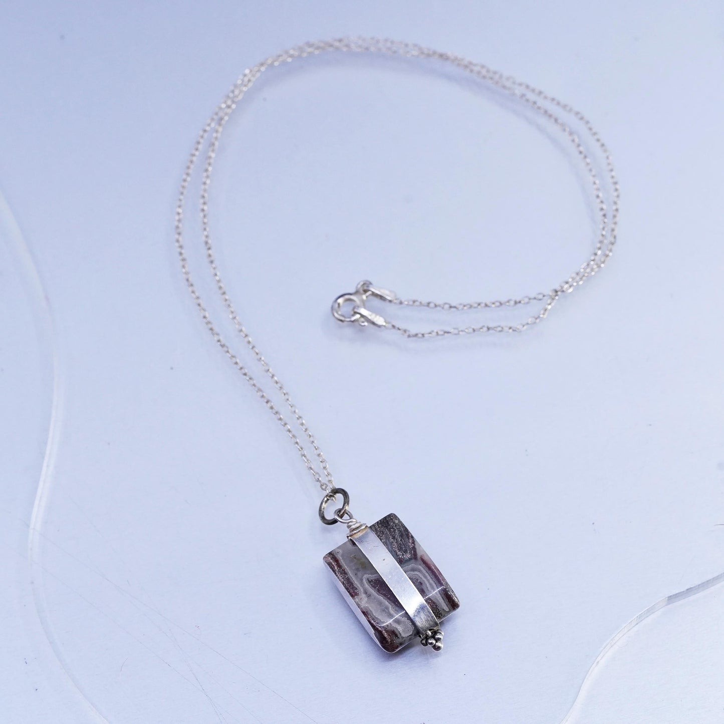 16", vintage Sterling 925 silver handmade circle necklace with agate pendant