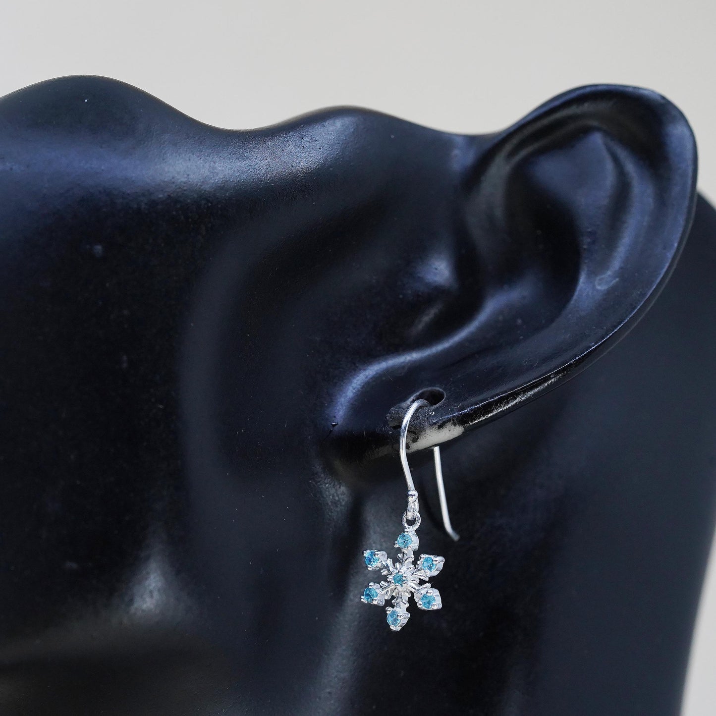 Vintage sterling silver handmade earrings, 925 snowflake drops with blue CZ