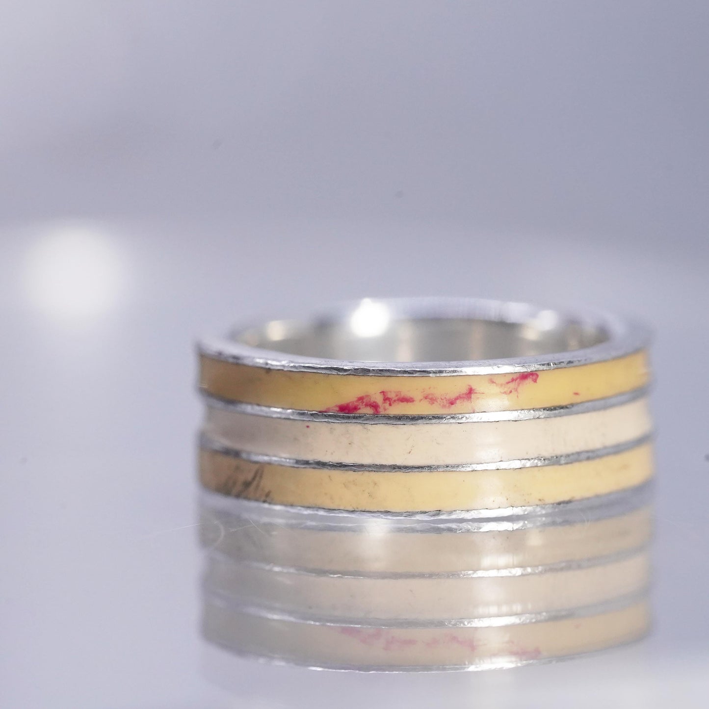 Size 6, vintage Sterling 925 silver handmade ring, ribbed yellow enamel band