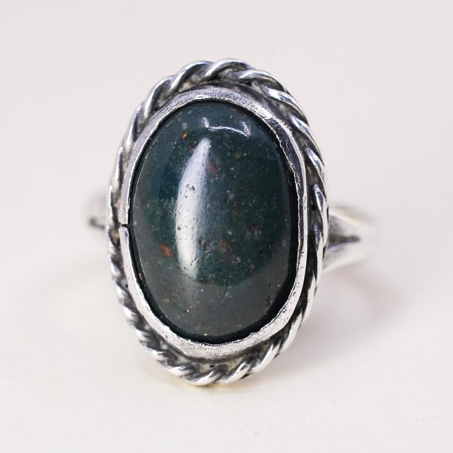 Size 4.5, Vintage sterling 925 silver handmade ring with bloodstone and cable