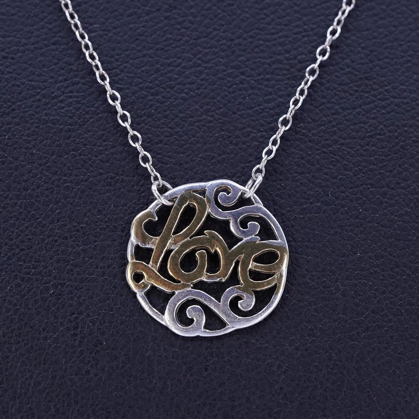 18”, vintage two tone Sterling silver necklace, 925 circle chain with Love pendant