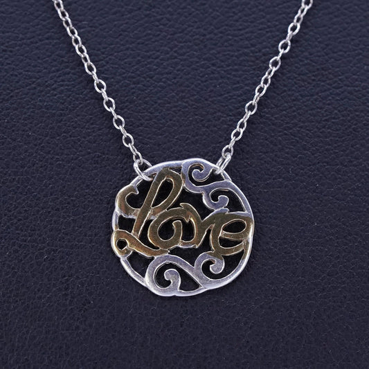 18”, vintage two tone Sterling silver necklace, 925 circle chain with Love pendant