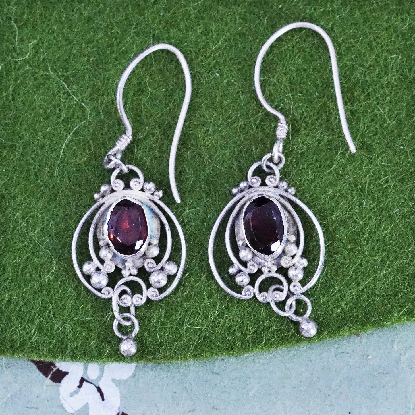 Vintage sterling 925 silver handmade earrings with ruby and bead dangles