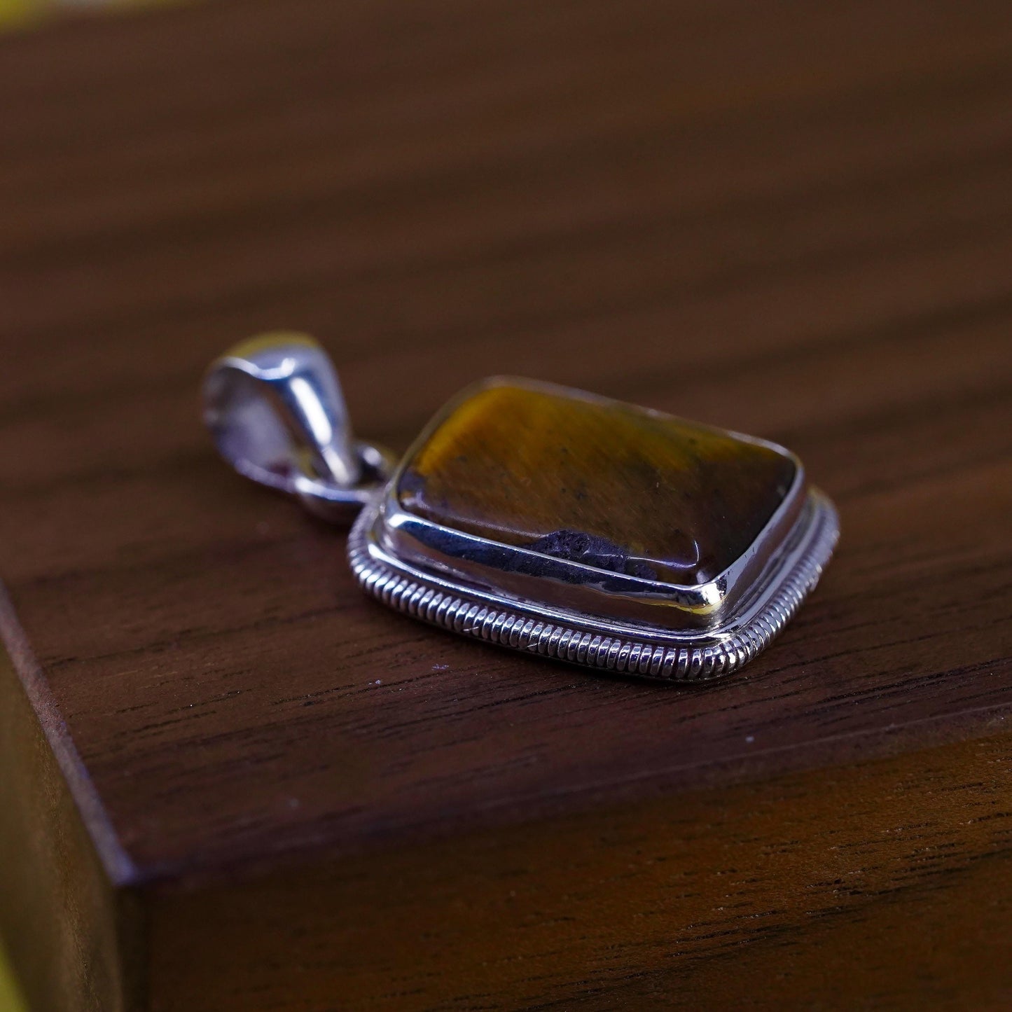 Vintage Sterling silver handmade pendant, Mexico 925 rectangle golden tiger eye