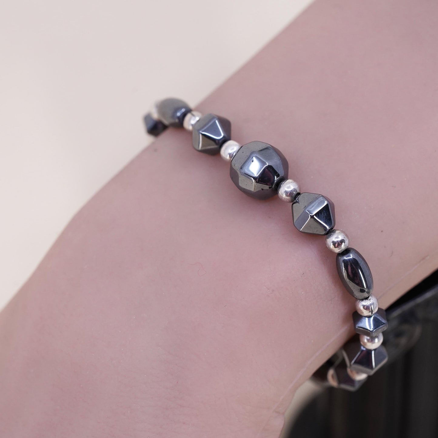 6.25”, Vintage handmade bracelet, hematite cubes with 925 silver beads chain