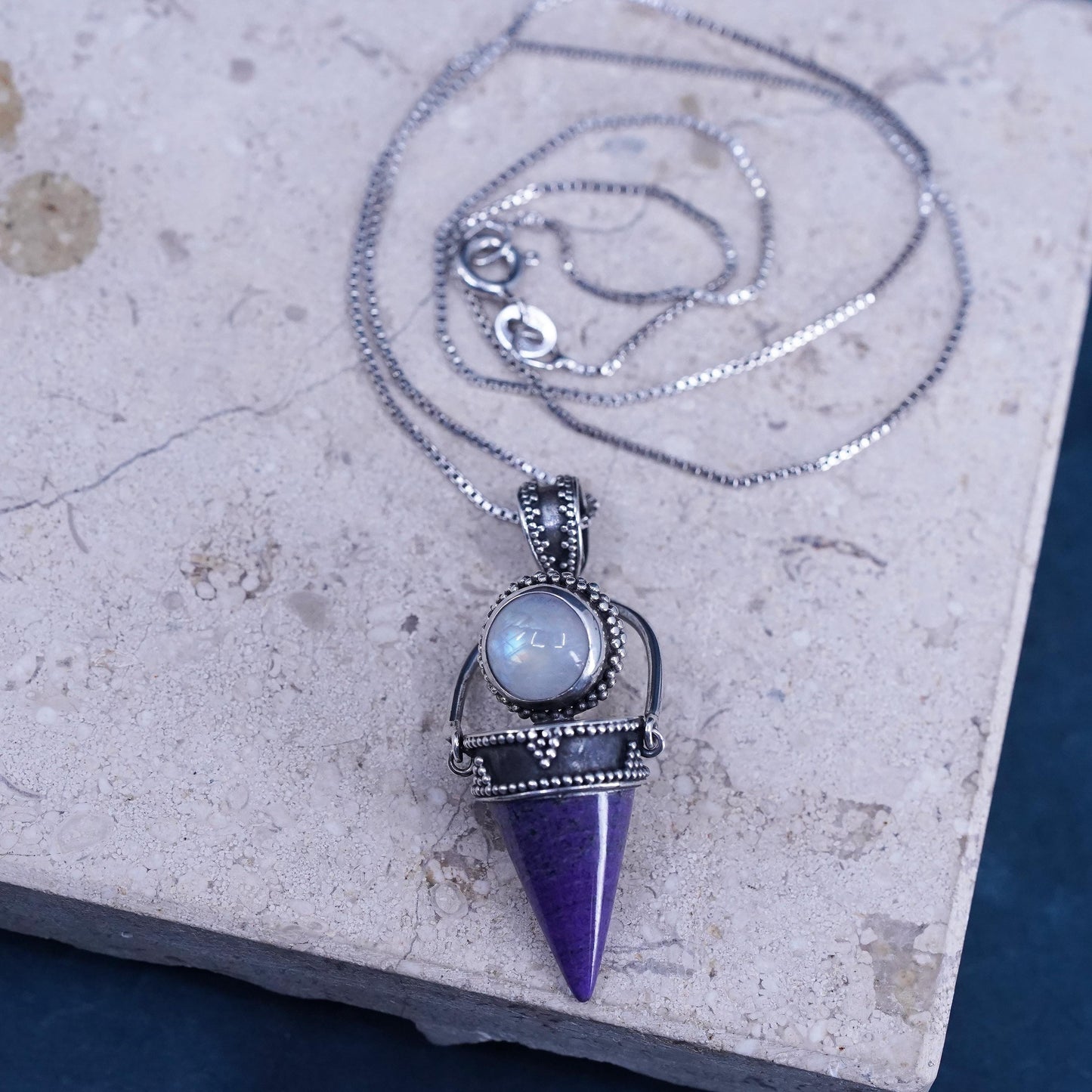 18”, sterling 925 silver necklace healing crystal pendant moonstone charoite