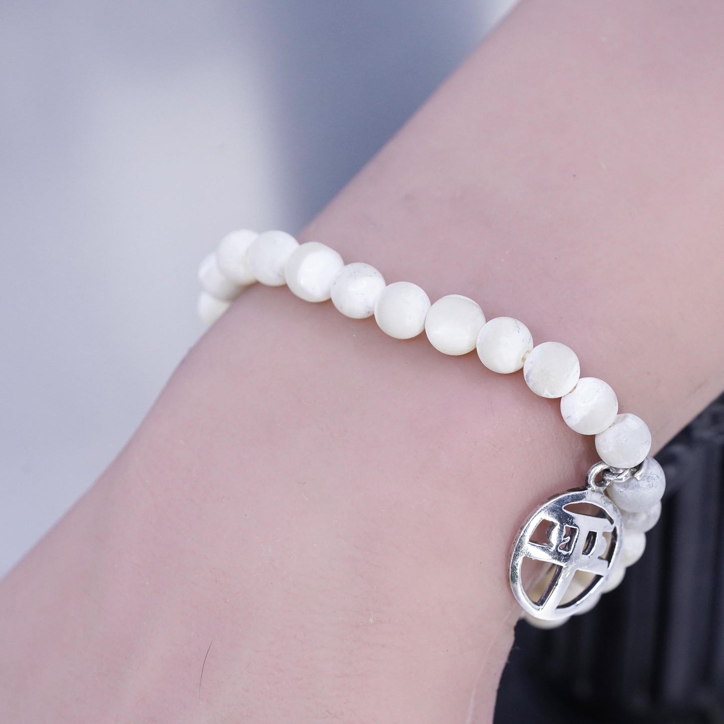 6.5", Sterling 925 silver stretchy bracelet moonstone beads “balance” charm