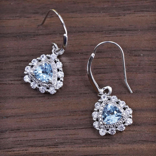 Vintage sterling 925 silver handmade earrings with blue topaz and cz around