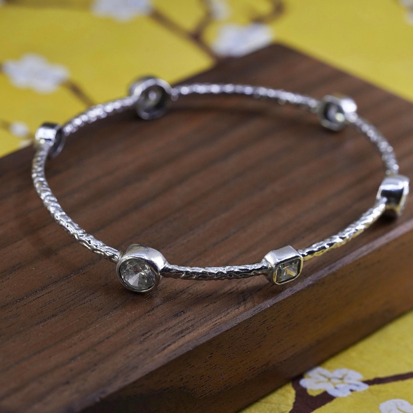 8", Vintage Milor Sterling silver bracelet, textured 925 bangle with sparkly cz